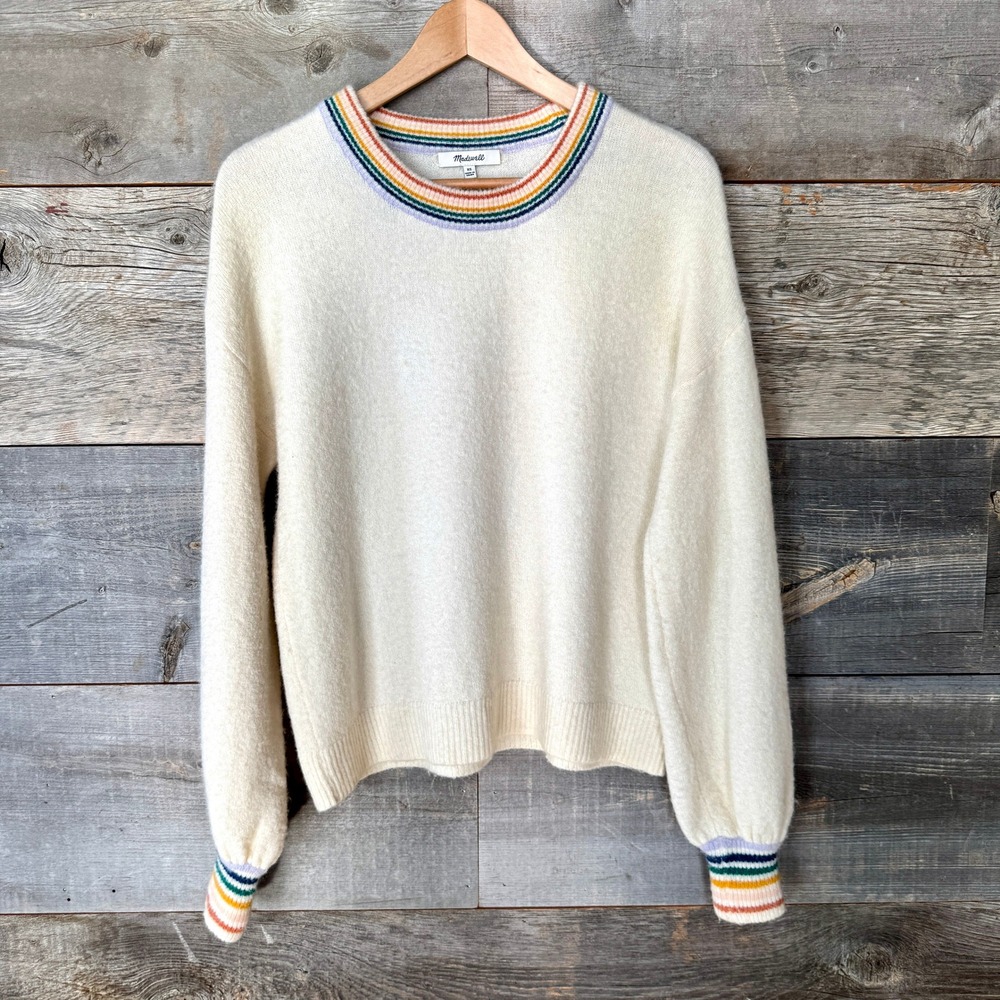 Madewell Womens Rainbow-Trim Gladwell‎ Balloon-Sleeve Pullover Sweater XS Ivory